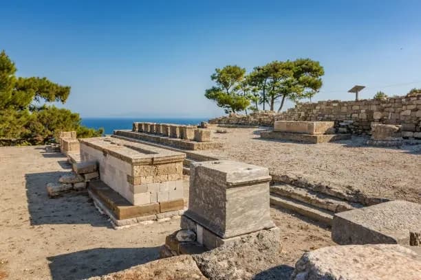 Stone altars on the upper terrace of ancient Kamiros above the sea