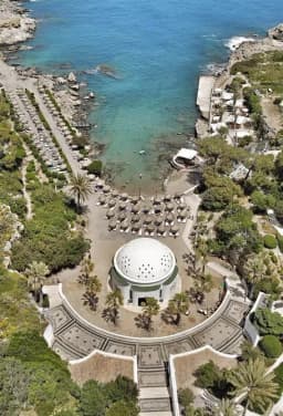 Aerial view of the Kallithea Springs Rotunda and beach cove