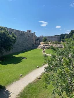 The medieval moat and fortified city walls of Rhodes